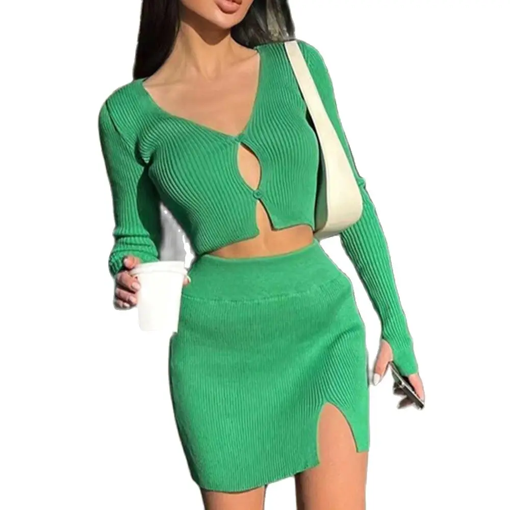 Fashion Women's Knitting Sweater Two-piece Sexy V-neck Long Sleeve High Waist Skirt Suit Fall Outfits Winter Set Dropshipping