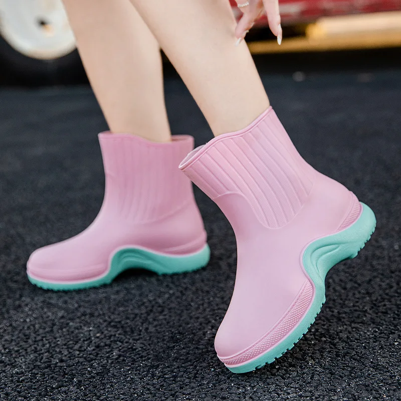 2023 Women's Rain Boots Ladies' Rubber Flat Shoes PVC Macaroon Mixed-color Waterproof Non-slip Outdoor Leisure Plus Size