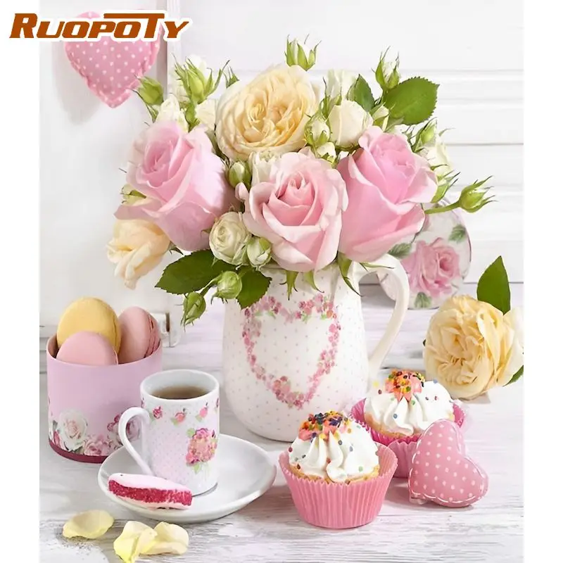 

RUOPOTY Diamond Painting Full Drill Pink Flower And Food Cross Stitch Diamond Embroidery Sale Rhinestones Diamond Mosaic Gift