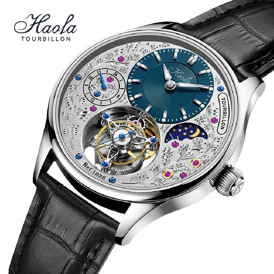 

Haofa Manual Skeleton GMT Tourbillon Movement Watch For Men Rotating Sapphire Mechanical Watches Mens 2021 Day And Night 1036