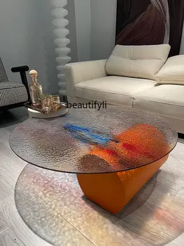 Rainbow Italian Minimalist round FRP Marble Water Ripple Glass Plastic Tea Table Assembly