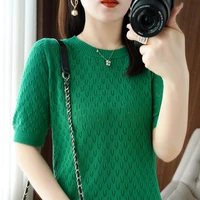 summer hollow thin pure cotton short sleeve t shirt women 2022 new loose solid color jersey half sleeve cotton and linen top