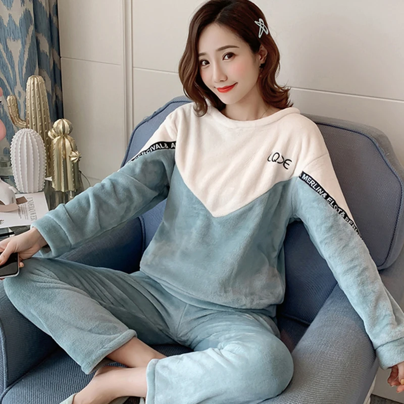 

Winter pajamas women's autumn thickened flannel sweet and cute simple coral velvet green insert rice white M-XXL home service