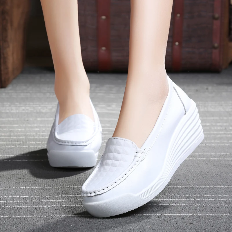 

Women's Shoes Women Genuine Leather Sneakers Slip On Platform Wedges White Ladies Loafers Casual Flats Comfortable Nurse Shoes