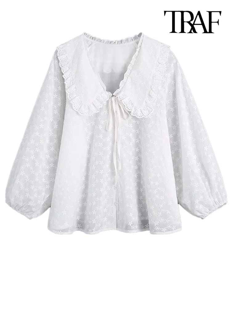 

TRAF Women Fashion With Embroidery Ruffles Loose Blouses Vintage Peter Pan Collar Long Sleeve Female Shirts Blusas Chic Tops
