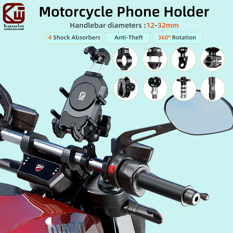 Фото Держатель для телефона Kewig M26C для мотоцикла с виброгасителем и защитой от кражи, для велосипедов, скутеров, электровелосипедов, для руля, для телефонов 5.4-7.2 дюйма №1