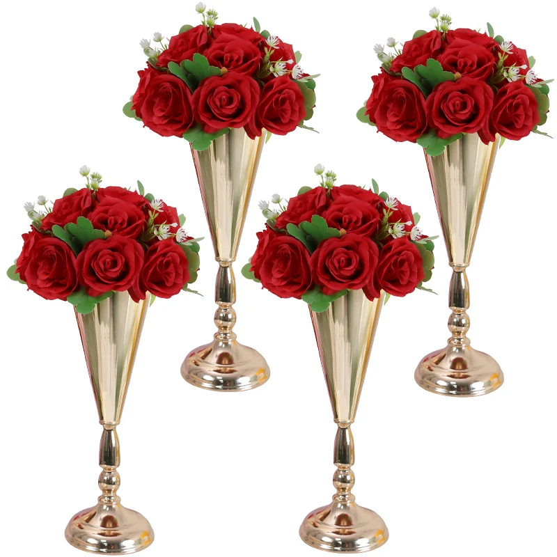 

4Pcs Flowered Metal Trumpet Vase Wedding Centerpieces Party Decoration Tall Flower Table Gold Vases for Birthday Ceremony Event