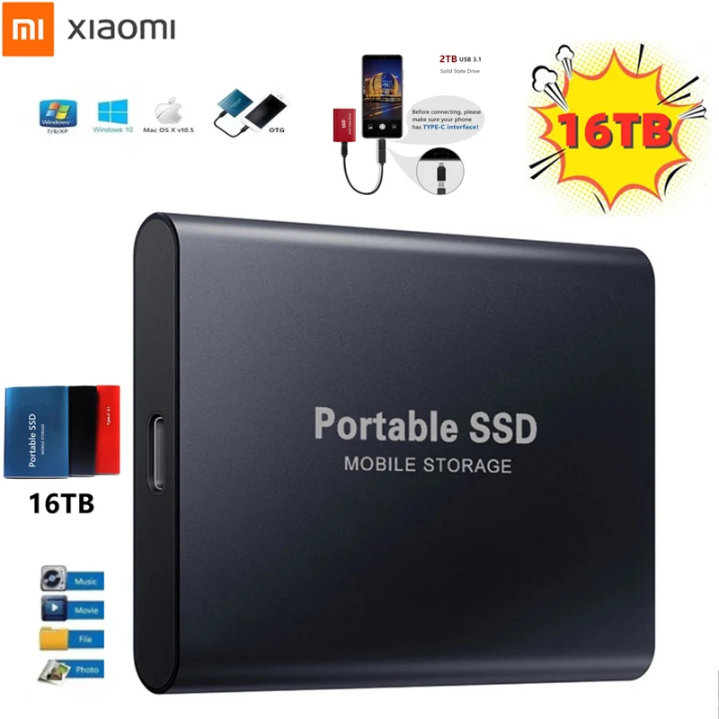 

Portable High-capacity Mini SSD 16TB USB3.1Type-C Interface High-speed Hard Disk Metal Matte Surface Material External Hard Disk
