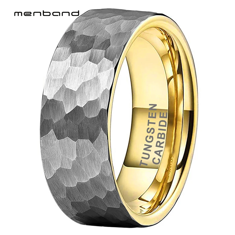 

6mm 8mm Gold Wedding Band Tungsten Carbide Engagement Rings Multifaceted Hammered Brushed Finish Comfort Fit