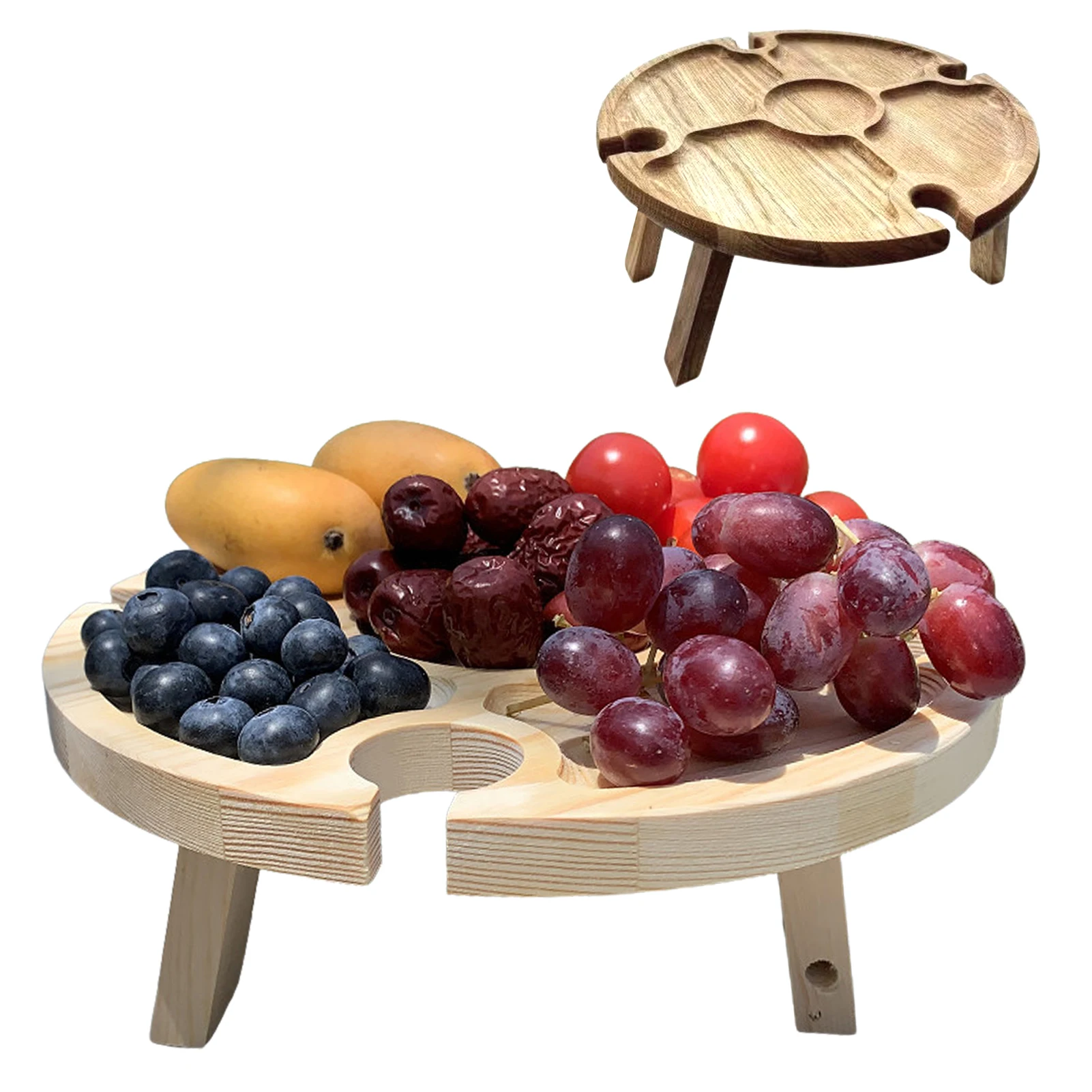 

Wooden Folding Picnic Table Wooden Wine Table Portable 2 In 1 Wine Glass Rack & Compartmental Dish For Cheese And Fruit