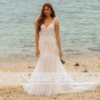 nicolle eden v neck mermaid princess sleeveless wedding dress 2022 custom made floor length lace appliques robe de soir%c3%a9e