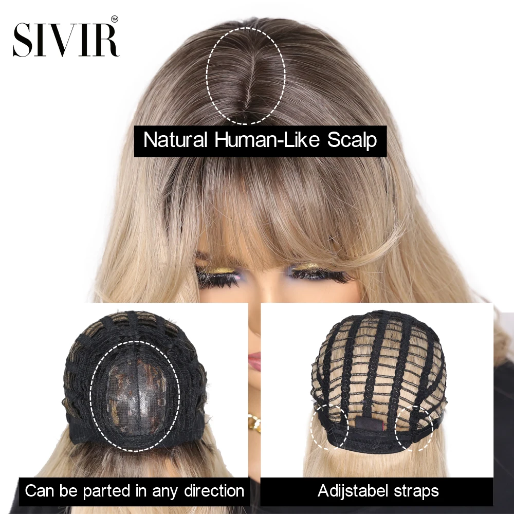 Sivir Synthetic Wigs  for Woman with Bangs Long Natural Wave Ombre 613 Color Cosplay/Daily/Party  Heat Resistant Fibre Hair