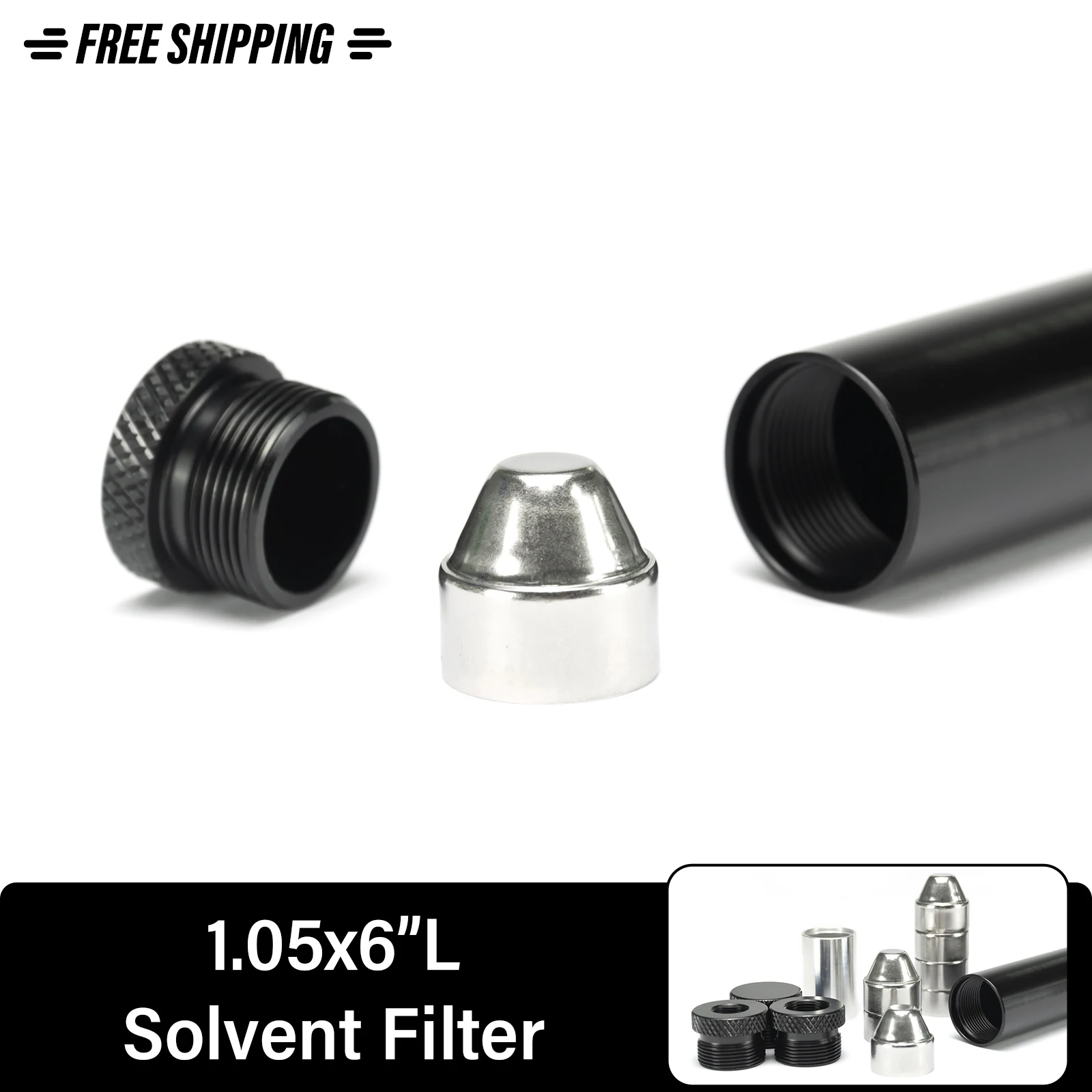 

6''L 1.05"OD 7075 Aluminum Solvent Cleaning Tube Device 7pcs Stainless Steel Baffle Cone Cups with two end caps (1/2x28+5/8x24)