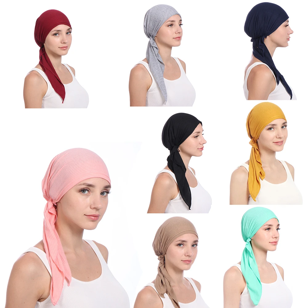 

Women Solid Color Bandana Hat Scarf Pre Tied Muslim Chemo Cap Beanie Turban Headwear For Cancer Patients Ladies Turbante Hats