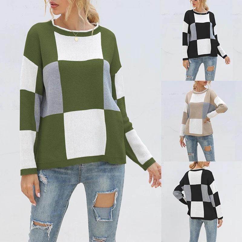 

Популярный пуловер Kf в клетку с круглым вырезом, вязаный свитер, женские осенне-зимние пуловеры с длинным рукавом