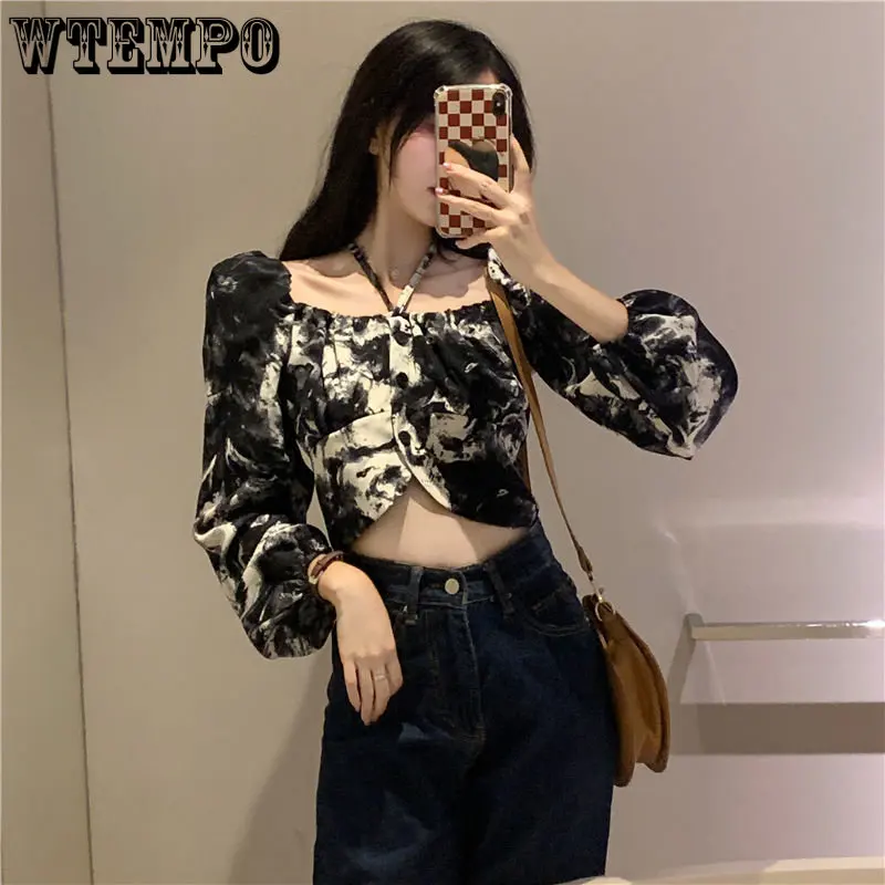 

Halo Dyeing Square Neck Shirring Women Blouse Long Sleeve Cropped Top High Waist Navel Exposed Sexy Hottie TShirt Fashion Gothic