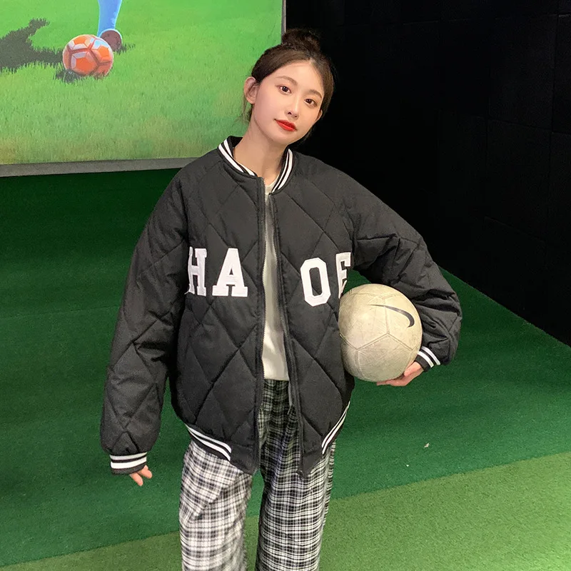 Baseball Collar Down Cotton Jacket Men's and Women's Winter Diamond Plaid Jacket Korean Popular Thickening Warm High Street Top