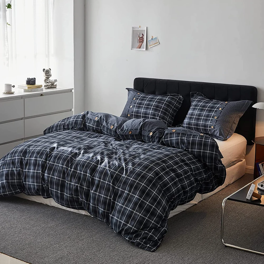 

Simple&Opulence 100% Cotton 3Pcs Duvet Cover Set FlannelPlaid Double Bed Linens King Size Pillowcase comforter Bedding Sheet Set