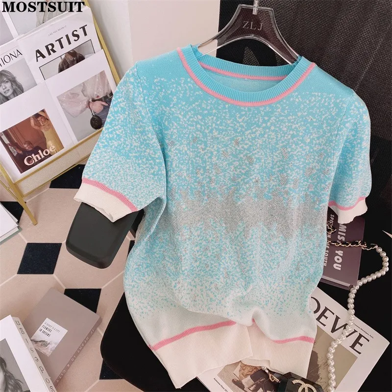 

Summer Rhinestone Gradient Color Knitted Sweater Top Women 2022 Casual Loose Ladies T Shirt Pullover Short Sleeve Round Neck Tee
