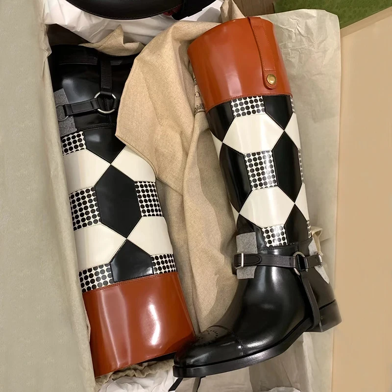 Round Toe Slip-on Boots New Flat High Boots Round Toe Color Matching Knight Boots for Woman