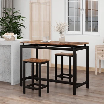 Kitchen Table Set Ironwood Bar Table and Chairs Space Saving Dining Room Dark Wood High Table Set for Restaurant Bar Stools
