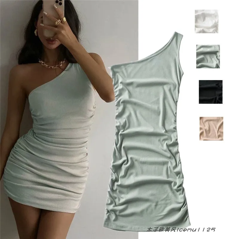 

insEuropean and American Style Elegant Sexy Oblique Shoulder Design Sleeveless Dress Niche New Style Women's off-Shoulder Hip Sk