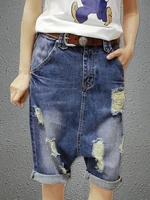 women denim jeans cross pants fashion low drop crotch short jeans hip hop punk style baggy harem hole sagging cowboy shorts