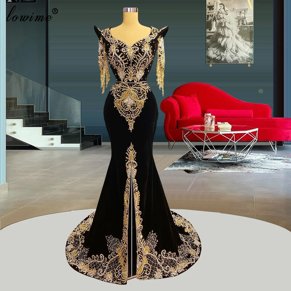 

Dubai Special Velvet Evening Dresses With Gold Beads Arabic Formal Evening Gowns Turkish Coutures Robe Femme Prom Party Dresses