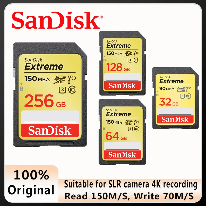 

SanDisk Extreme SD Car UHD 256GB 128GB 64G SDXC C10 U3 V30 Read up to 150M/s 32G SDHC Memory Card For 4K 1080p 3D Full HD Camera