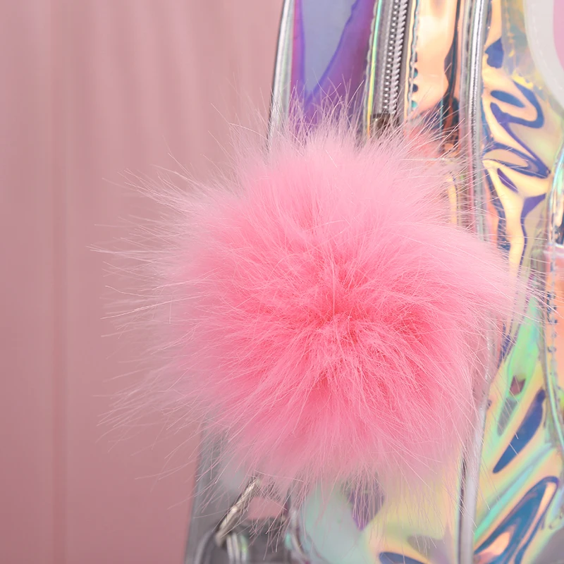 Unicorn Children Schoolbag  Silver Laser Pu Jelly Bag Waterproof Small Backpack For  Girls With Pom Pom Cartoon Cute  Kids  Bag