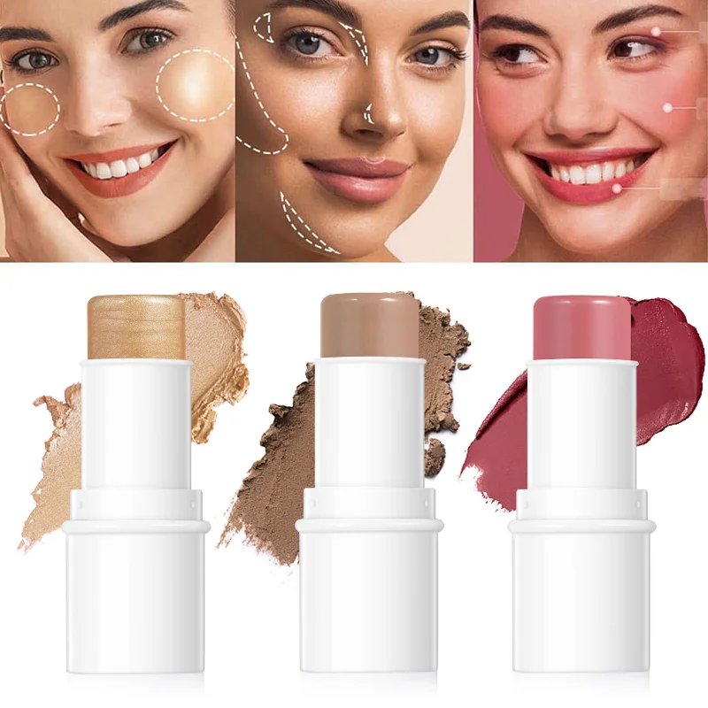 

3 In 1 Highlighter Blush Stick High Pigment Face Cream Waterproof Highlighting Contouring Lip Blam Multifunctional Makeup Stick