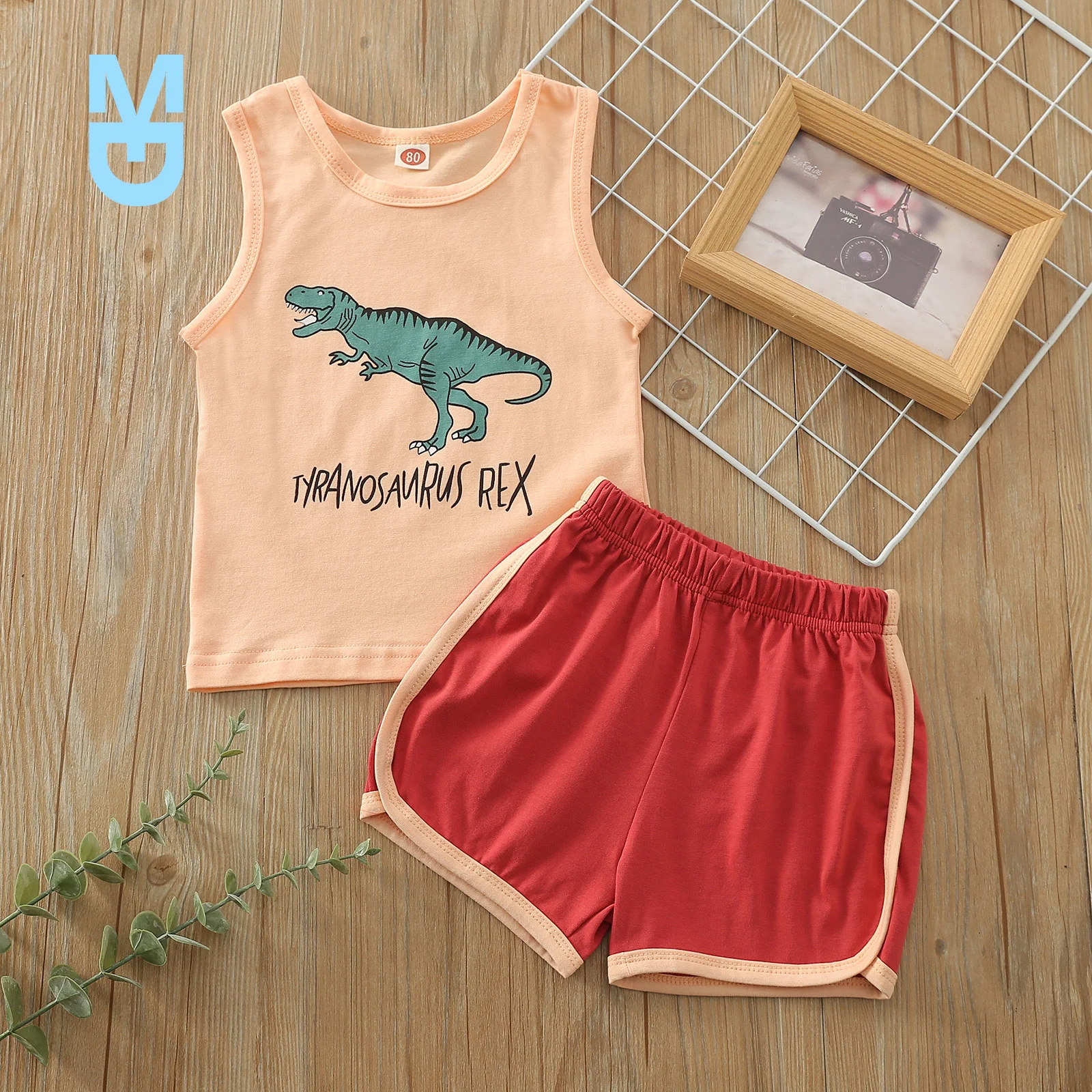 

New Summer Kids Boys Girls Casual Clothes Set Dinosaur and Letters Printed Pattern Vest Elastic Waist Shorts Clothes