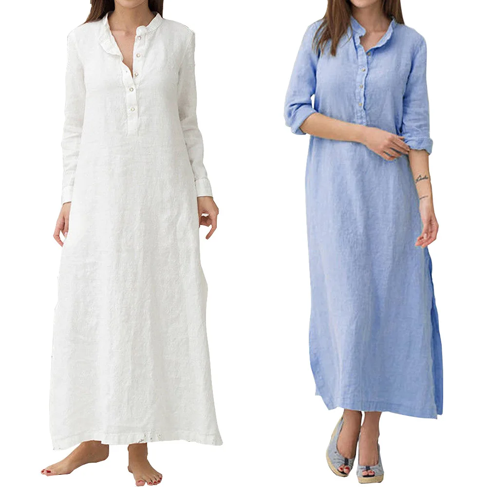 

Women's Casual Loose Retro Long Skirt Stand Collar Sexy Dress Long Sleeve Shirt Dress