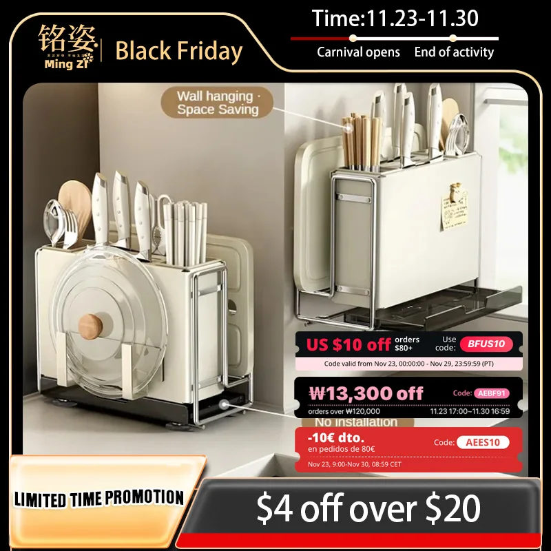 

Ins Kitchen Storage Rack, Stainless Steel Drainer Rack, Knife Holder, Integrated Tableware Storage Organizer Kitchen Accessories
