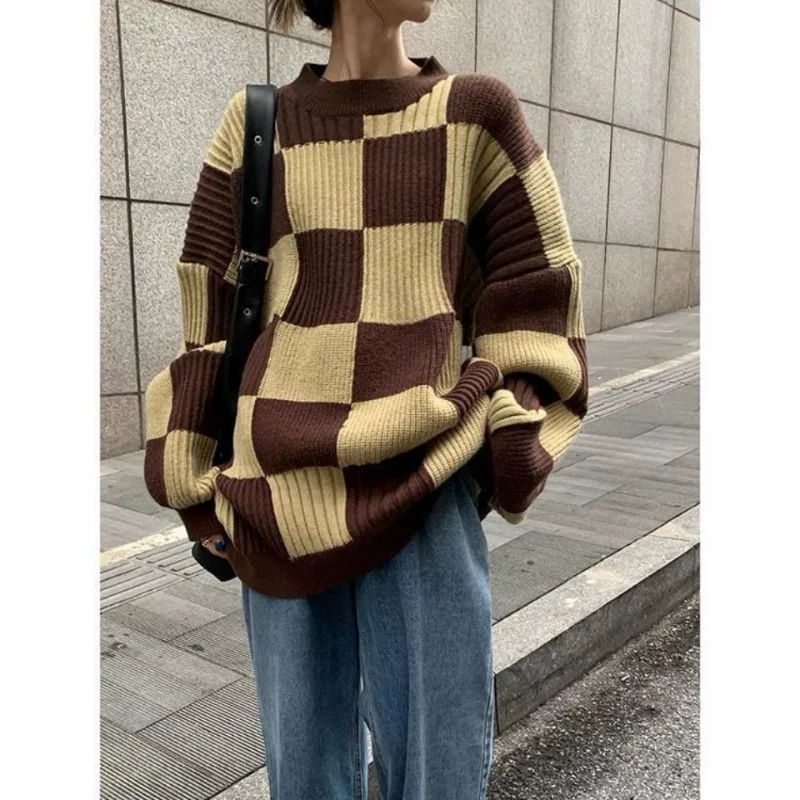 

Pullover chessboard sweater Women autumn and winter design sense crowd Retro Japanese style slouchy sweater pullover female
