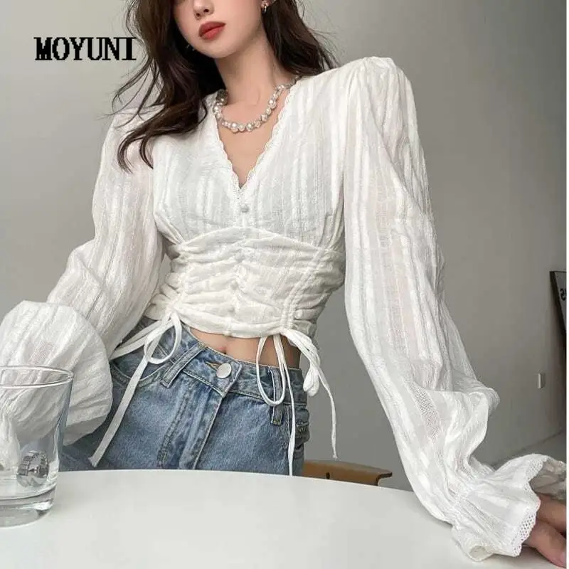 

Autumn White Lace Chiffon Blouse Shirt Women Short Designer Long Sleeve Crop Tops Shirt Female Casual Bandage Sweet Tops 2021