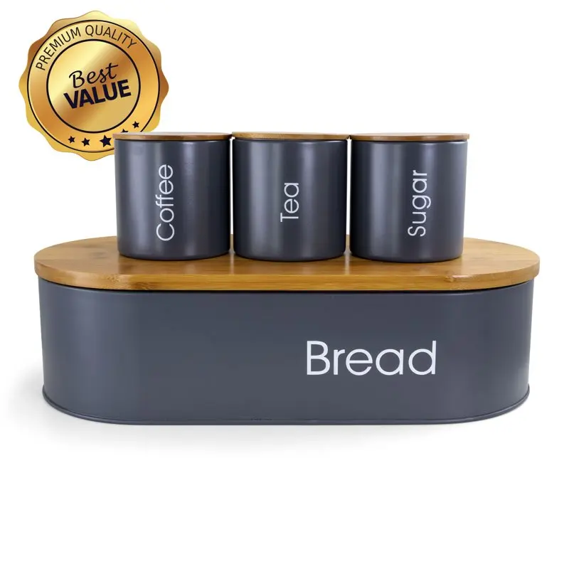 

Bamboo Kitchen Countertop 4 Piece Metal Bread Basket and Canister Set in Gray with Lids for home