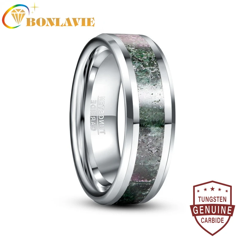 

BONLAVIE AAA Quality 8MM Silver Color Anel Masculino Green Stones Groove Men Tungsten Ring Matrimonio Wedding Jewellery