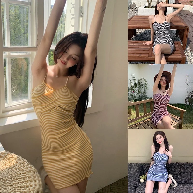 

Women's Knitted Casual Dress Sleeveless Sling Stripes Dress