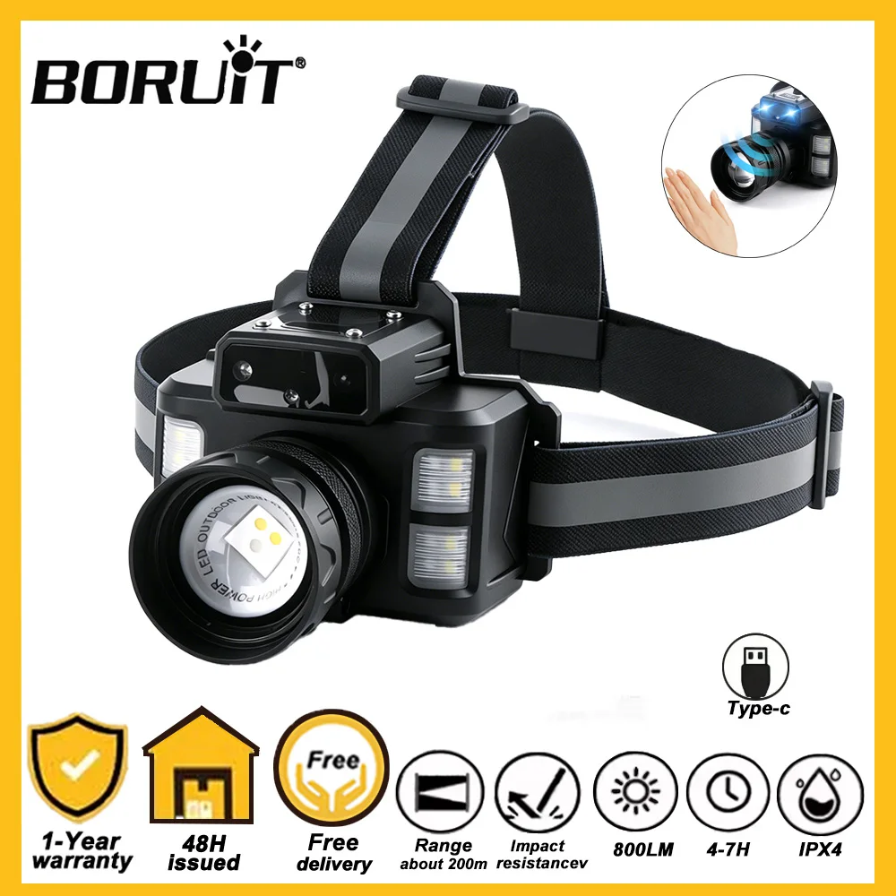 Фото Налобный фонарь BORUiT 800LM с датчиком движения LED 90 °   Регулируемый по мощности USB-перезаряжаемый налобный фонарь для кемпинга с 3 источниками света №1