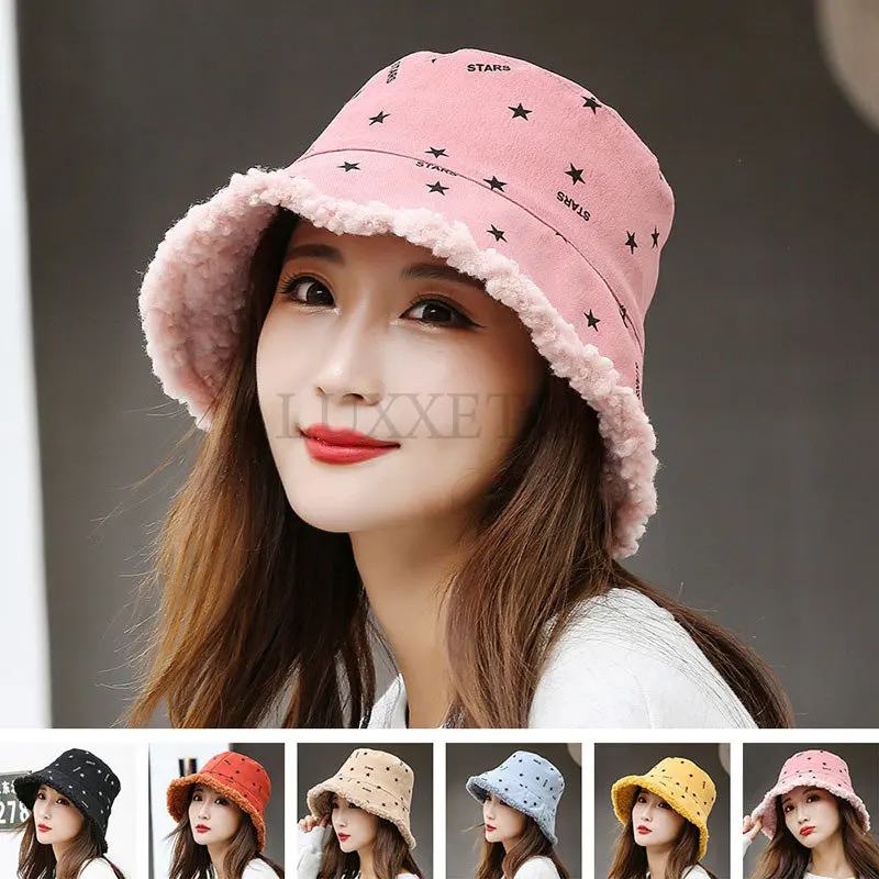 

Winter Women Warm Hat Lamb Woolen Bucket Hat Elegant All-match Trend Ladies Casual Hat Foldable Washed Cotton Cap