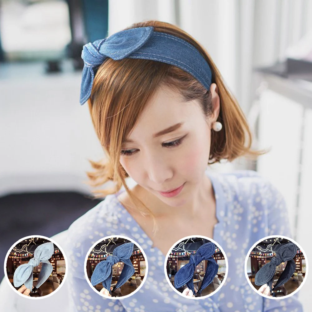 

Fashion Hair Accessories Women Denim Bow Headbands Side Rabbit Ears Knotted Hairband Wild Girl Cute Face Wash Hair Hoop Headwear