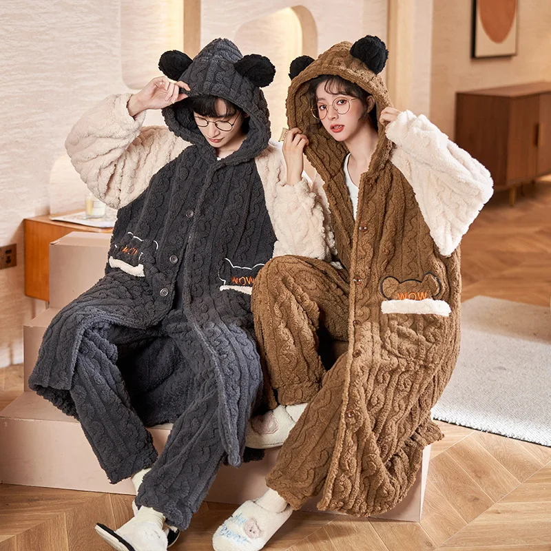 Coral Flannel Winter Hooded Pyjamas Long Sleeves Sleep Suit Pajamas Sets Shirt Pant Homewear Loose Casual Loungewear