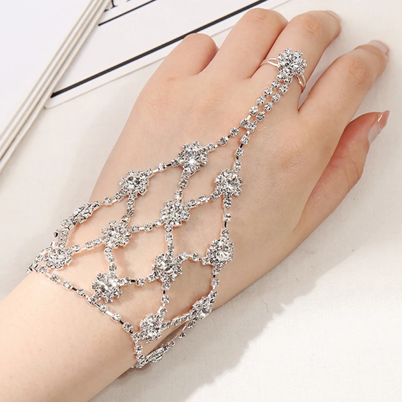 

Fashion Crystal Finger Bracelet Multi-layer Wrist Chain And Ring For Women Hand Back Bangles Party Jewelry Gifts