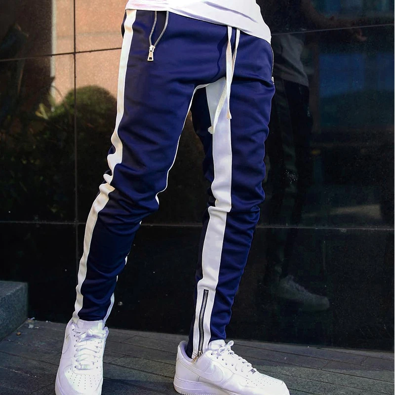 

Gym Men's Sport Pants Slim Fit Fitness Zipper Striped Track Pants Workout Patchwork Elastic Band Running Athletic Jogger Bottom