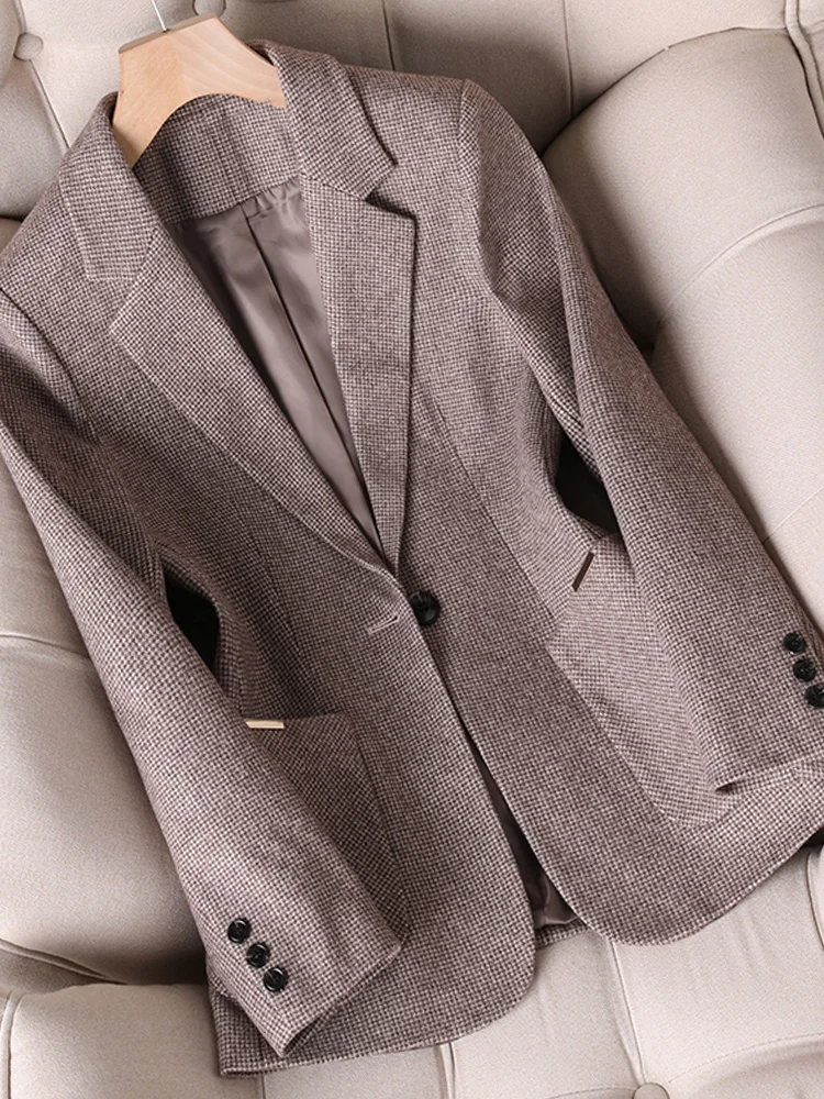 

Женский клетчатый Блейзер, коричневый, серый однобортный офисный пиджак с длинным рукавом, деловая одежда для работы, деловое пальто с карманами