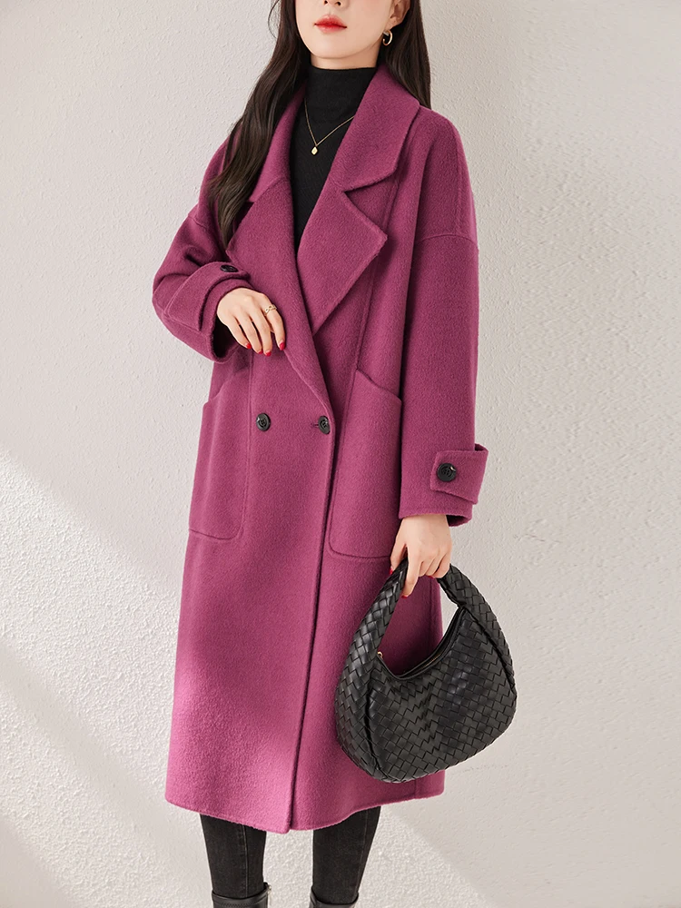 Qishiya Rose Red Double-sided Wool coat Women 2024 New Simple Loose Slimming Wool Woolen Outerwear