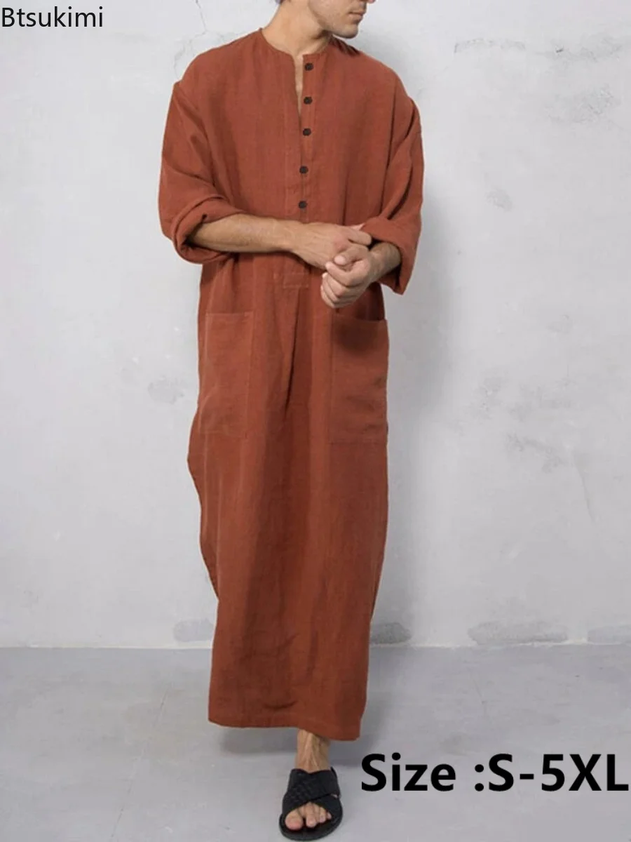 New 2023 Vintage Men Islamic Arabic Jubba Thobe Long Sleeve Solid Pockets Robes Men Saudi Arabia Abaya Dress Muslim Kaftan Male