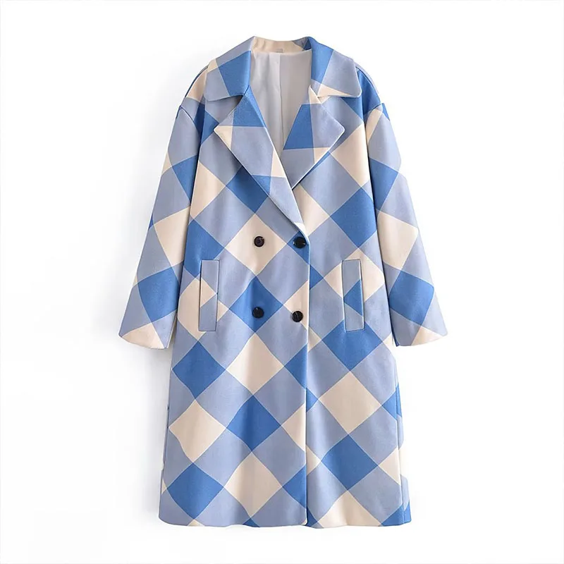 

ZATRHMBM 2023 женское модное двубортное Свободное длинное твидовое пальто с лацканами и длинным рукавом синяя Повседневная зимняя куртка в клетку теплое пальто