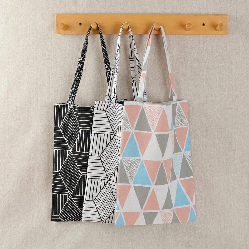 

Women Canvas Tote Bag Eco Shopping Bag Daily Use Foldable Beach Handbag Large Capacity Geometry Canvas Tote Shopper Bag